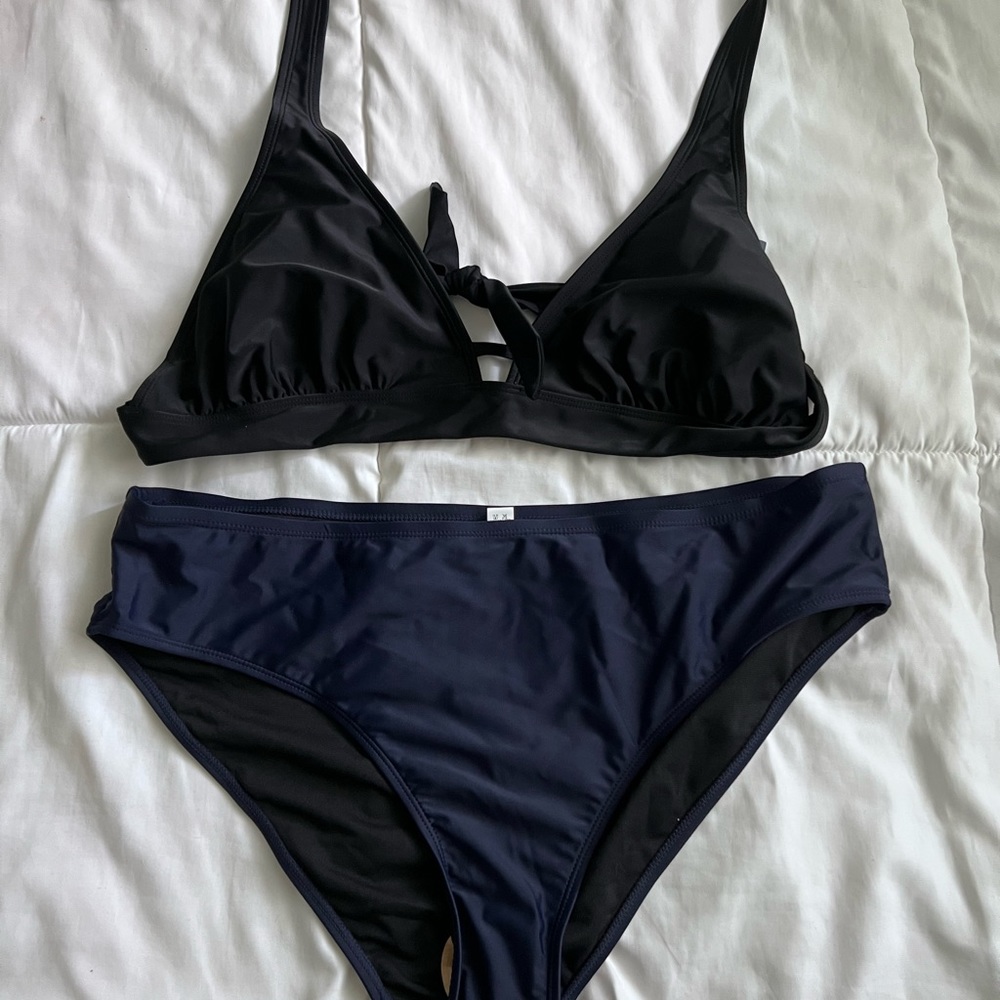 Blue and black two piece swim suit